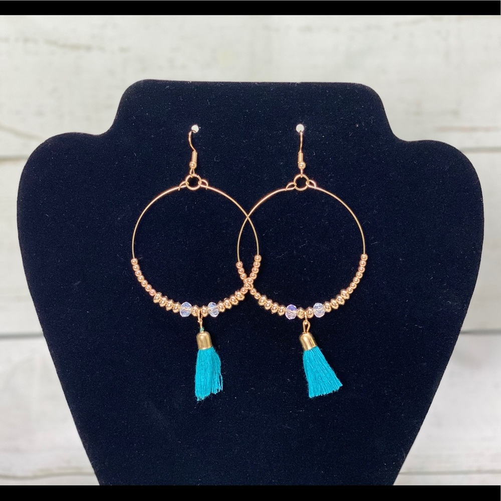 Women's Fringe Tassel Hoop Statement Earrings Blue